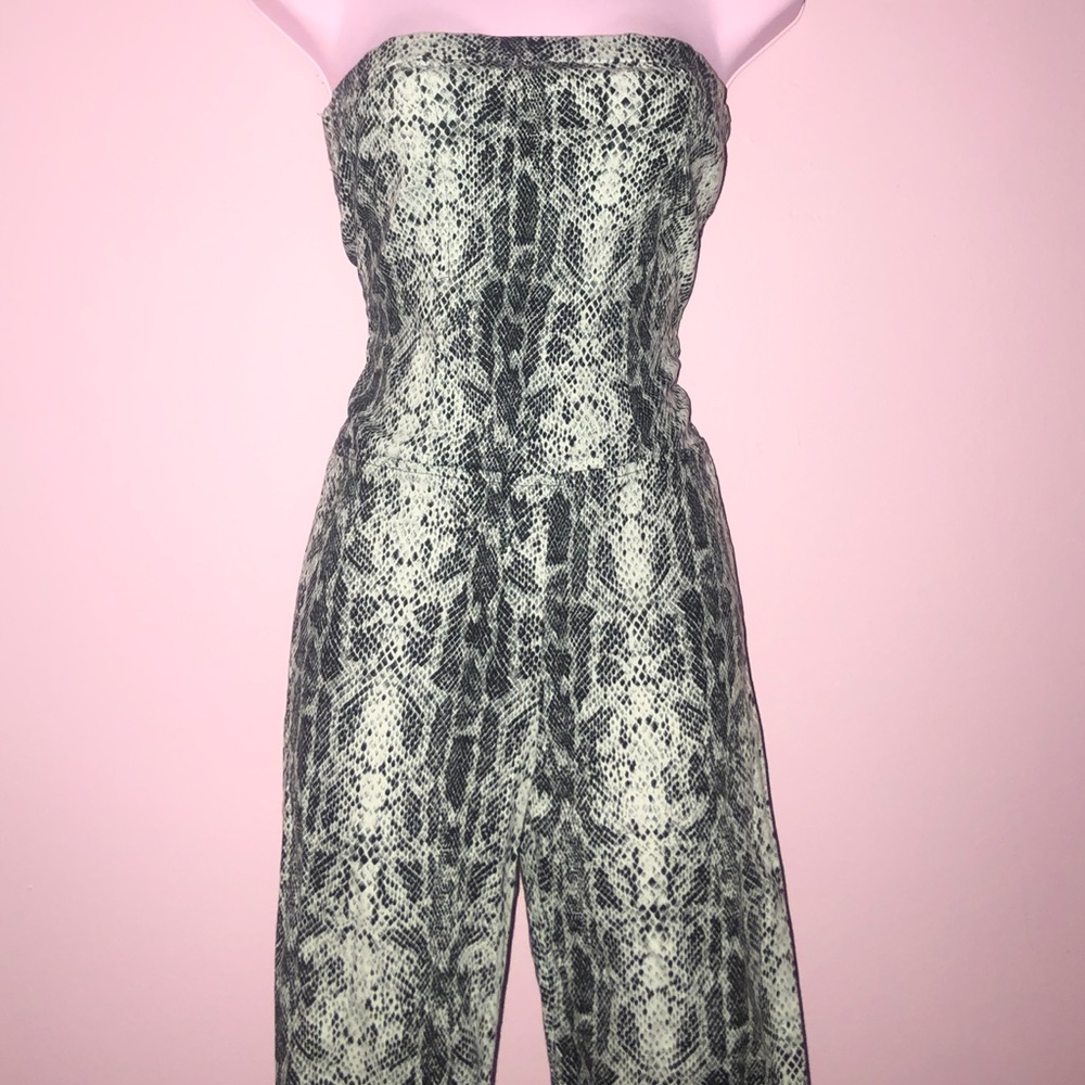 snake print strapless jumpsuit